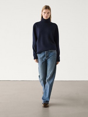 Massimo Dutti Wool Blend Knit With High Neck Women Sweater Dark Blue | US-KF5903148
