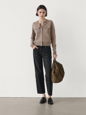 Massimo Dutti Wool Blend Knit With Pockets Women Cardigan Brown | US-SL6483279
