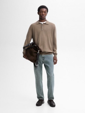 Massimo Dutti Wool Blend Knit With Polo Collar Men Sweater Brown | US-BM9734512