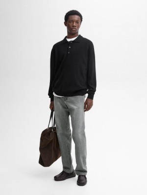 Massimo Dutti Wool Blend Knit With Polo Collar Men Sweater Black | US-HG2865301