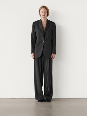 Massimo Dutti Wool Blend Pinstripe Women Blazer Dark Grey | US-BQ5937864