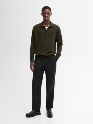 Massimo Dutti Wool Blend Polo Collar Men Sweater Dark Khaki | US-UT2793851