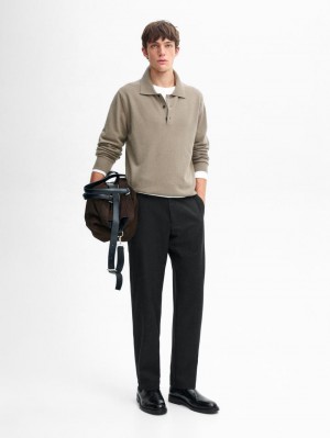 Massimo Dutti Wool Blend Polo Collar Men Sweater Khaki | US-JG8750123