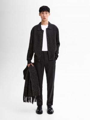 Massimo Dutti Wool Blend Polo Collar Men Cardigan Dark Grey | US-AG9860713