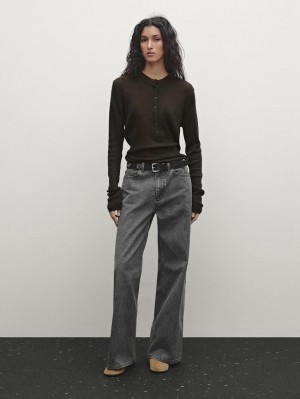 Massimo Dutti Wool Blend Ribbed Knit With Buttons Women T-Shirt Dark Khaki | US-RG3709816