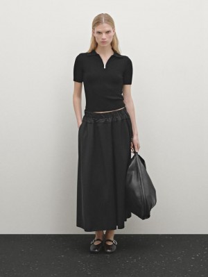 Massimo Dutti Wool Blend Technical Fabric Elasticated Women Skirts Black | US-FS5982164