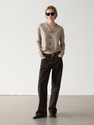 Massimo Dutti Wool Blend V-neck Women Cardigan Beige | US-ZE2364109