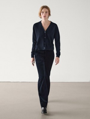 Massimo Dutti Wool Blend V-neck Women Cardigan Navy | US-LP7650483