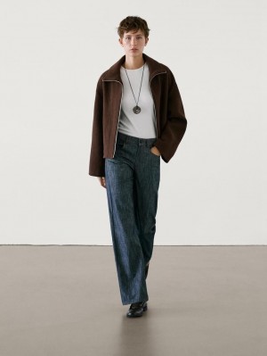 Massimo Dutti Wool Blend With Seam Detail Women Jacket Chocolate | US-YR5760412