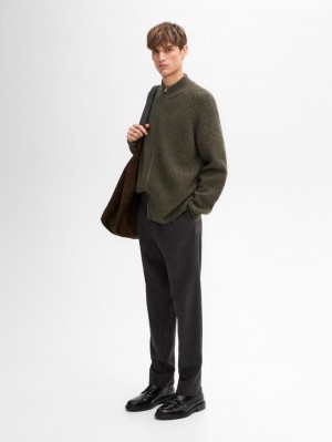 Massimo Dutti Wool Blend Zip Men Cardigan Khaki | US-YM1905864