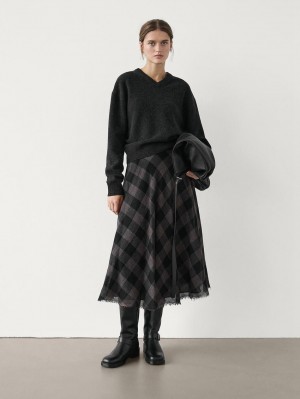Massimo Dutti Wool Check Midi Women Skirts Black / Dark Brown | US-LB5192604