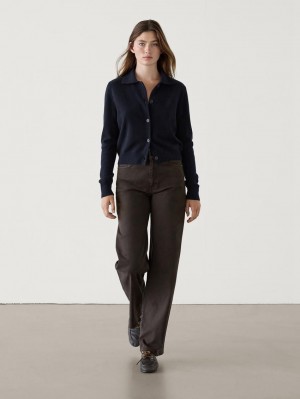 Massimo Dutti Wool Cropped Knit Women Cardigan Navy | US-TS9078325