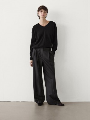 Massimo Dutti Wool Flannel Women Trousers Black | US-NF0549836