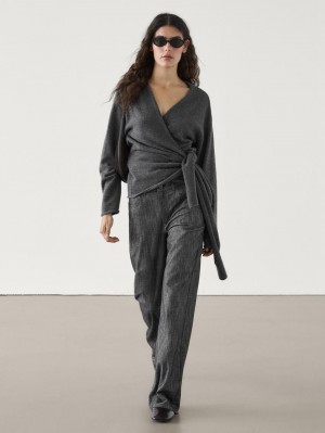 Massimo Dutti Wool Knit With Bow Women Cardigan Dark Grey | US-ZM1930476