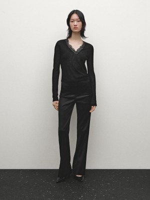 Massimo Dutti Wool Knit With Lace Trim Detail Women Sweater Black | US-OM6483270