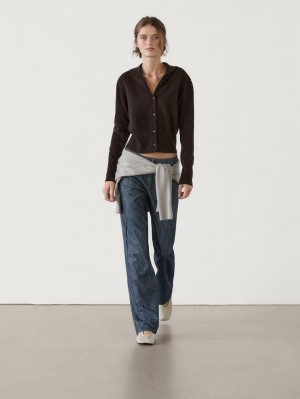 Massimo Dutti Wool Knit With Mock Turtleneck Women Cardigan Dark Brown | US-YJ0813942