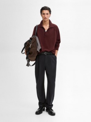 Massimo Dutti Wool Knit With Polo Collar Men Sweater Burgundy | US-FL9346802