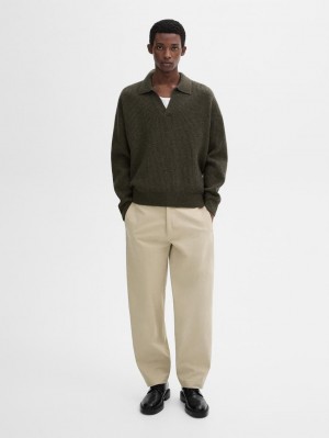 Massimo Dutti Wool Knit With Polo Collar Men Sweater Dark Green | US-DT8467130