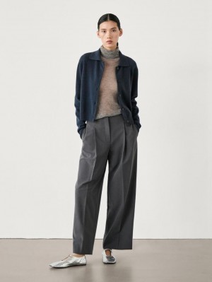 Massimo Dutti Wool Polo Collar Knit Women Cardigan Dark Blue | US-DB9360182
