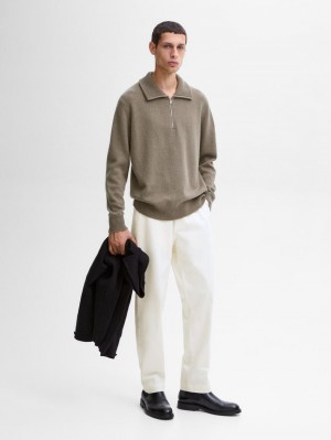 Massimo Dutti Wool With Mock Neck Men Sweater Khaki | US-IV3286017