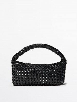 Massimo Dutti Woven Nappa Leather Medium Women Handbag Black | US-WB5420196