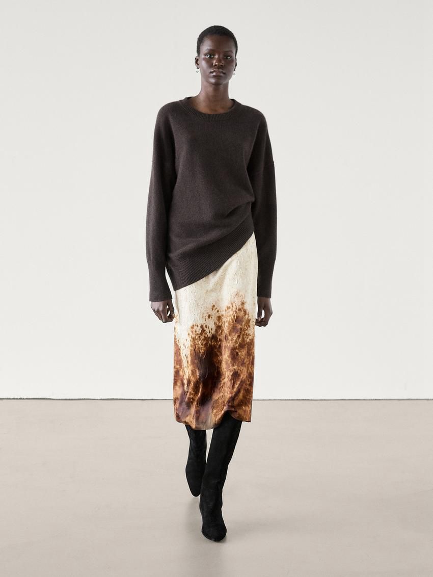 Massimo Dutti Abstract Print Midi Women Skirts Beige / Brown | US-HQ4172860