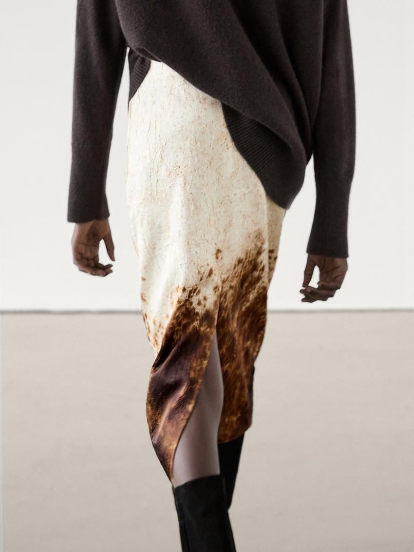 Massimo Dutti Abstract Print Midi Women Skirts Beige / Brown | US-HQ4172860