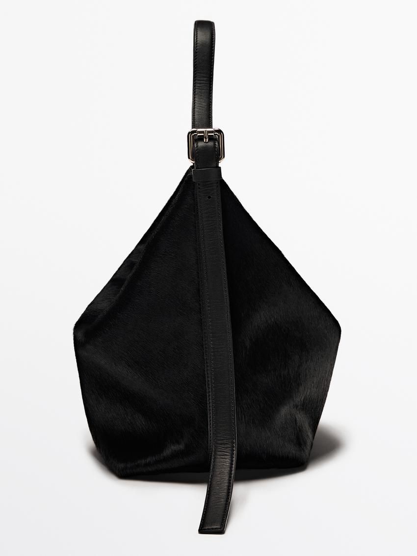 Massimo Dutti Adjustable Leather Women Handbag Black | US-VX3854610