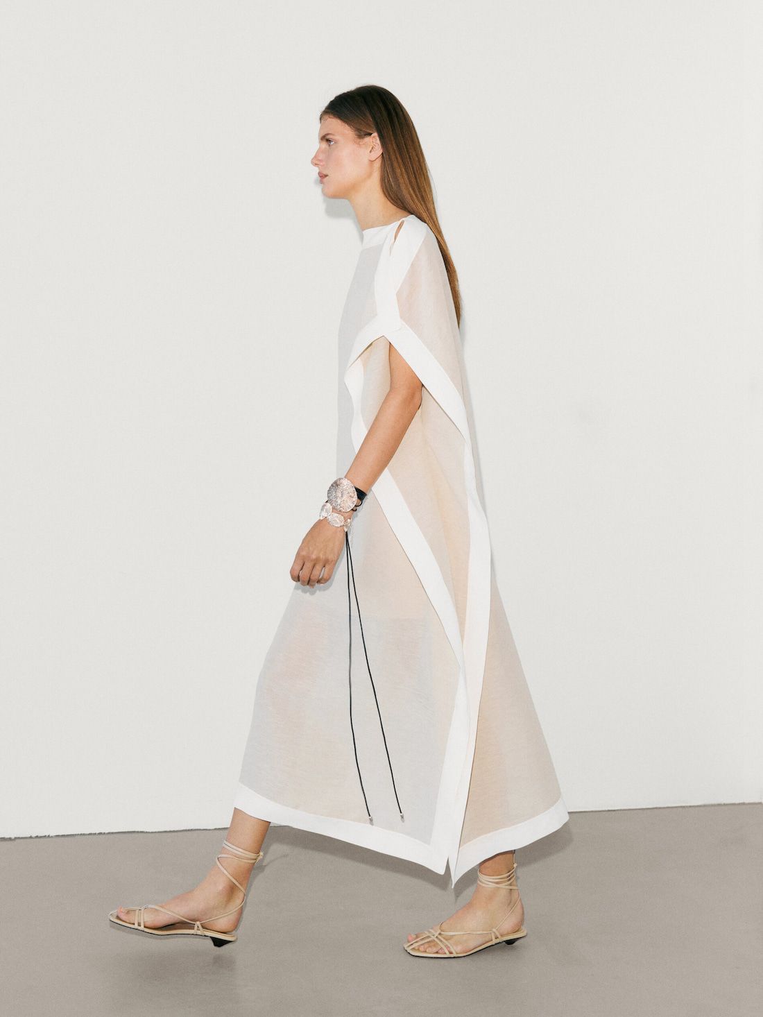 Massimo Dutti Aftan Midi With Contrast Trims Women Dress Beige | US-RI1458627