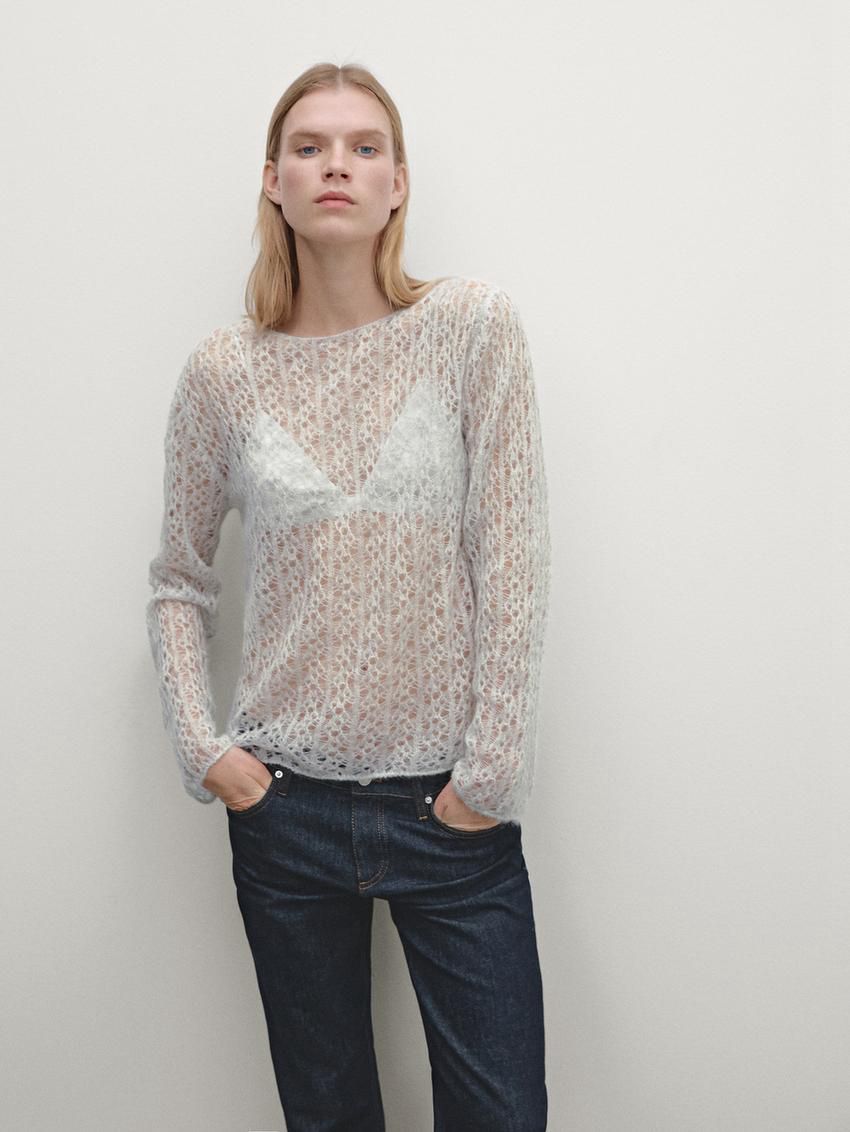 Massimo Dutti Alpaca Blend Cutwork Women Sweater White | US-YP3286974