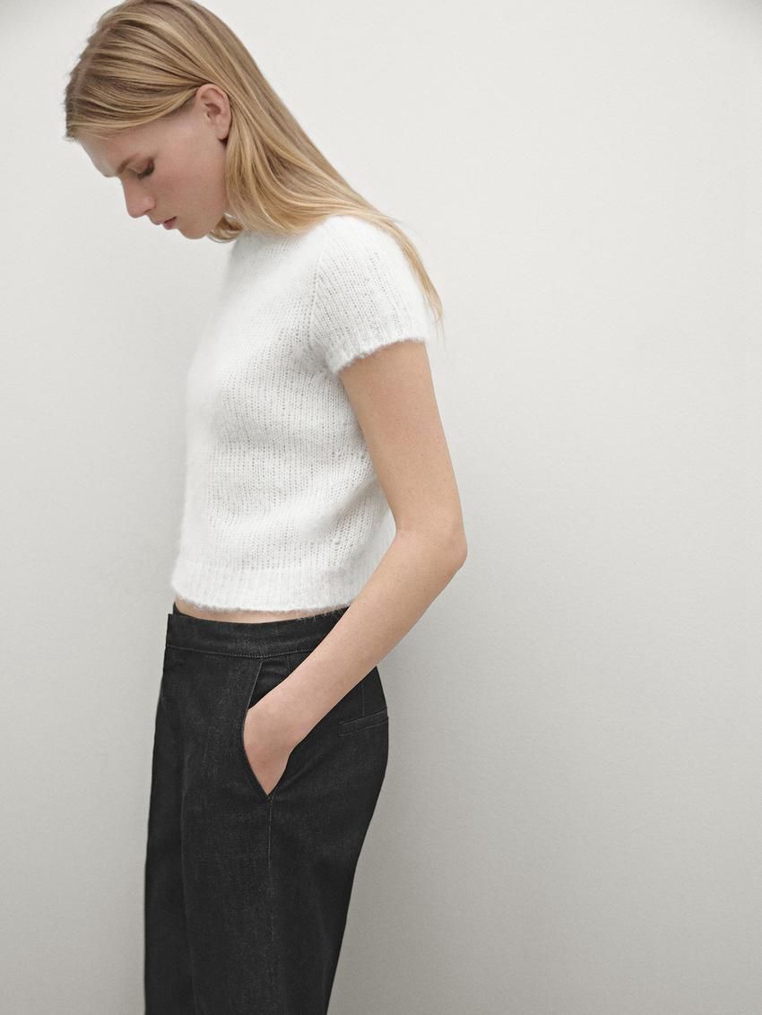 Massimo Dutti Alpaca Blend Knit Short Sleeve Women Sweater White | US-GA1309256