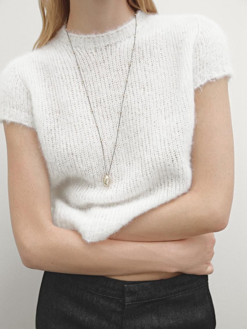 Massimo Dutti Alpaca Blend Knit Short Sleeve Women Sweater White | US-GA1309256