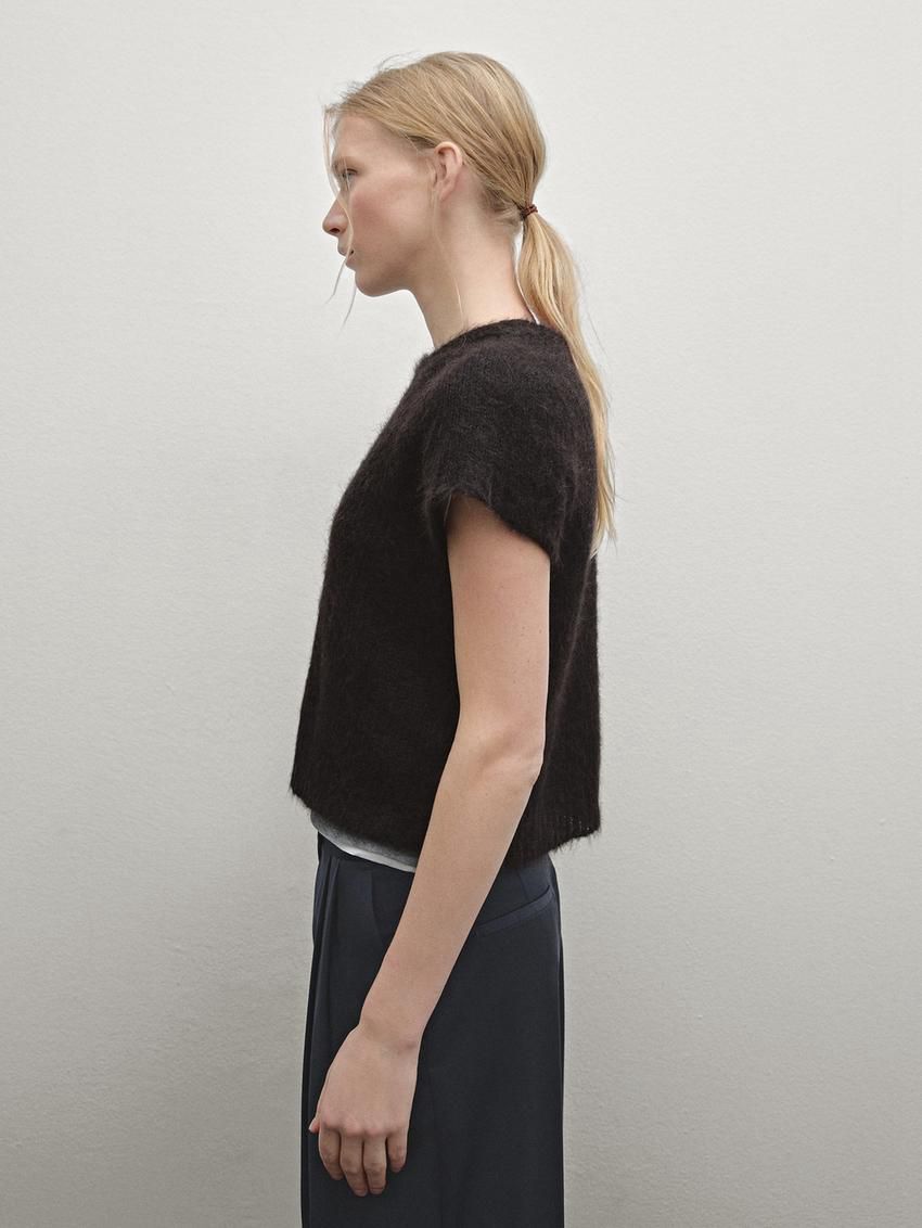 Massimo Dutti Alpaca Blend Knit Short Sleeve Women Sweater Black | US-HB1534972