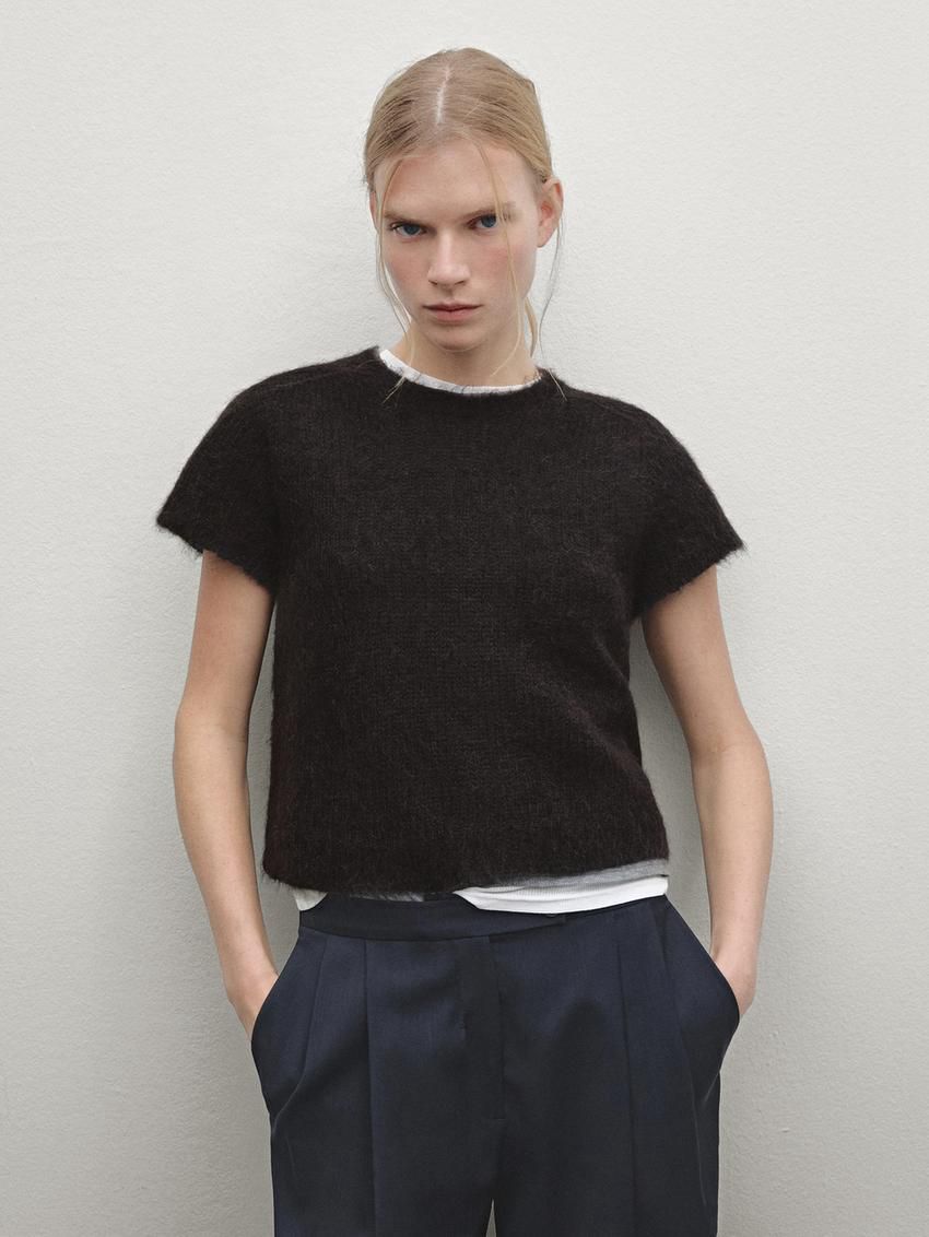 Massimo Dutti Alpaca Blend Knit Short Sleeve Women Sweater Black | US-HB1534972
