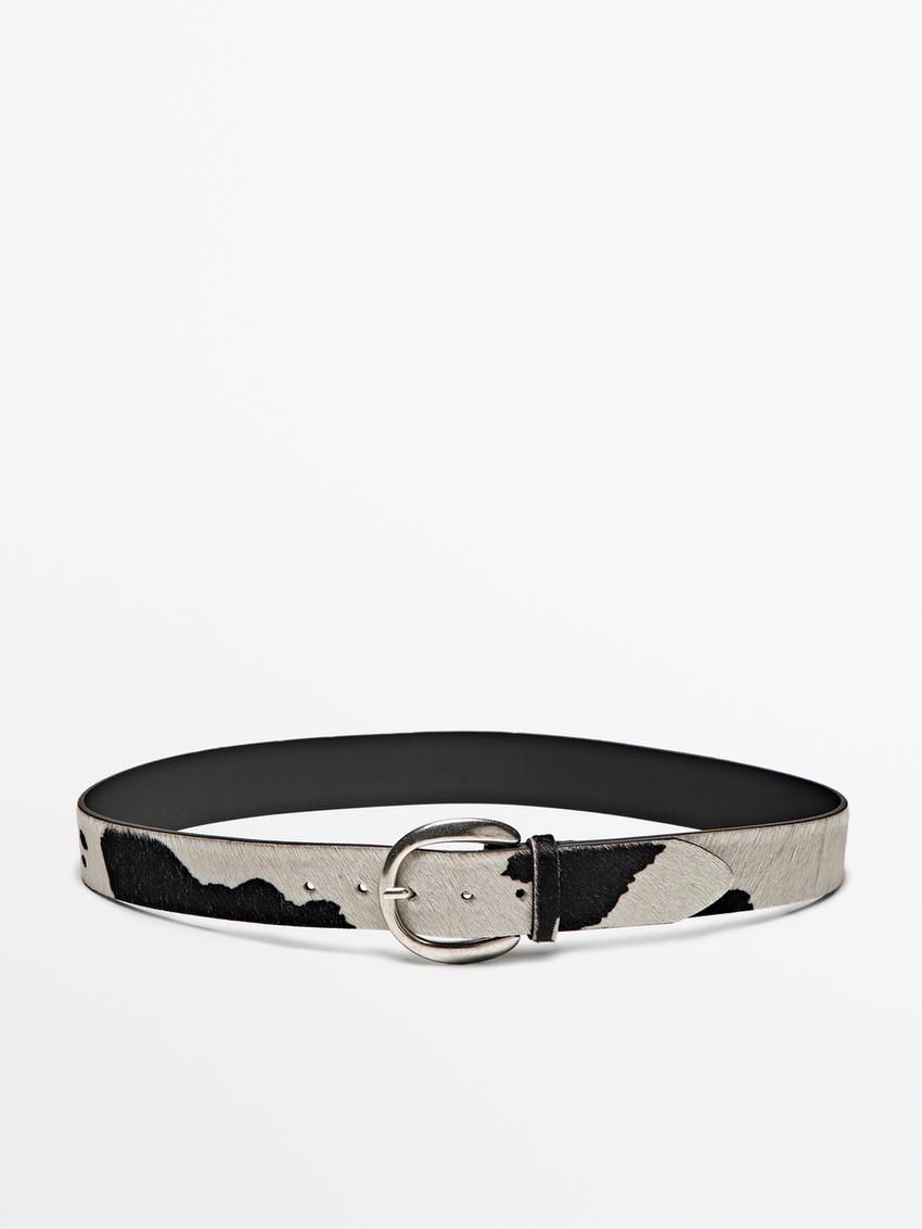 Massimo Dutti Animal Print Hair On Leather Women Belt White / Black | US-KU9468105