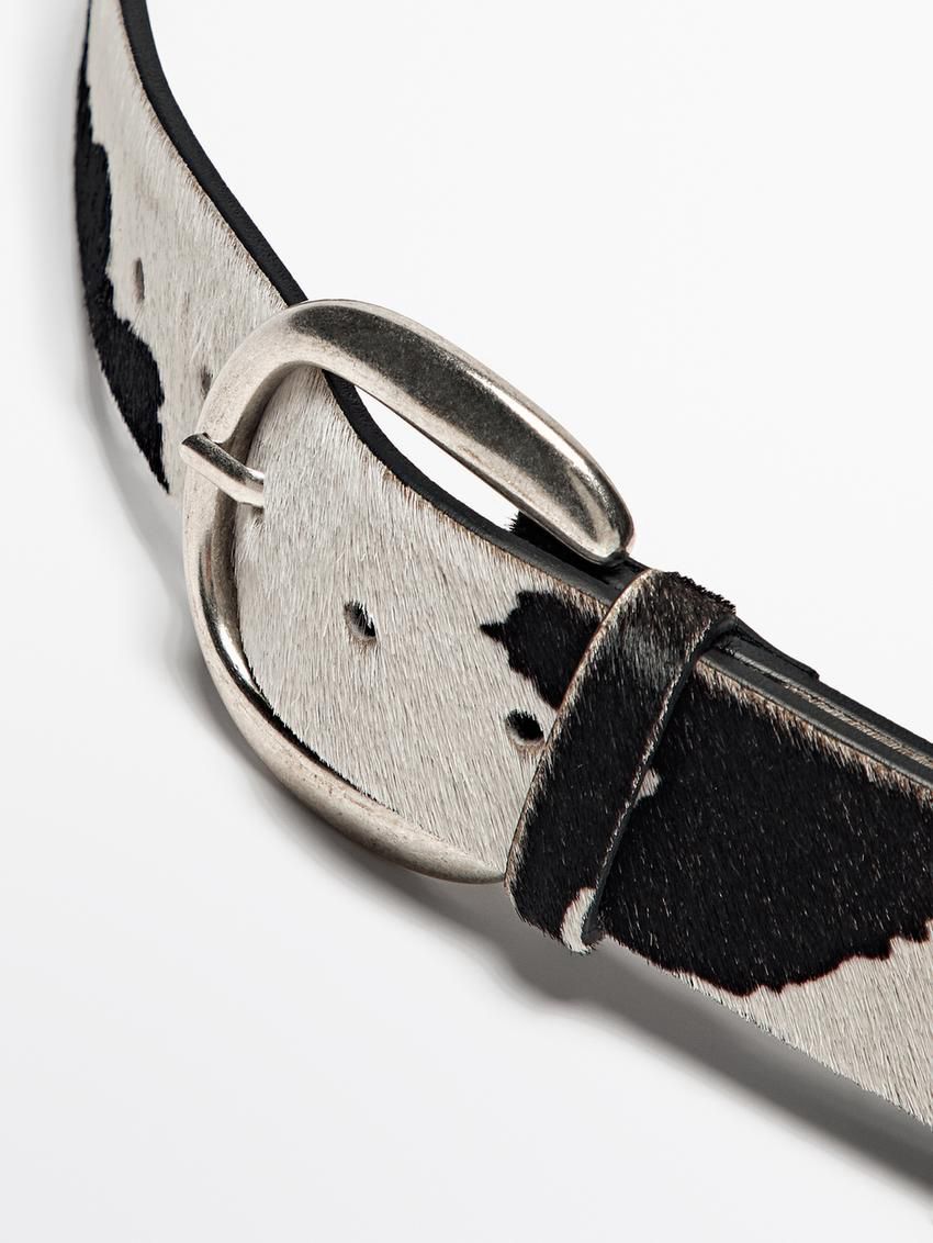 Massimo Dutti Animal Print Hair On Leather Women Belt White / Black | US-KU9468105