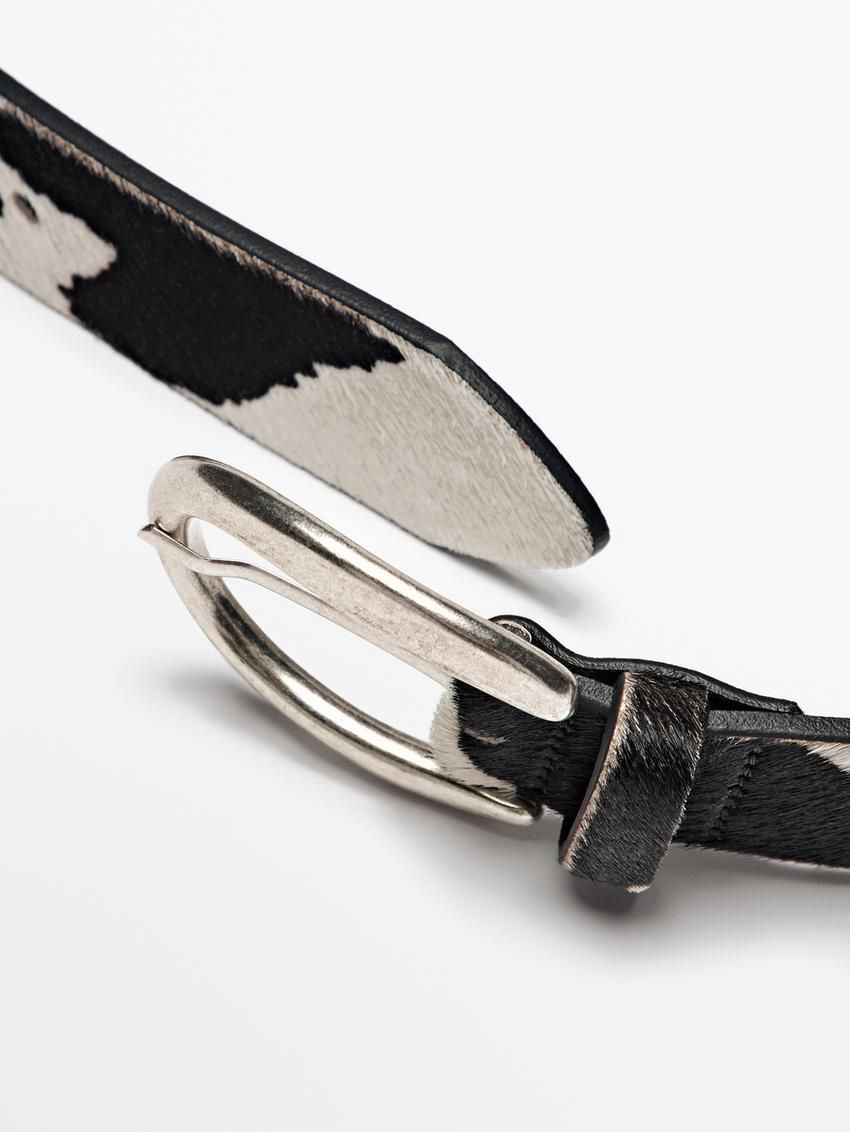 Massimo Dutti Animal Print Hair On Leather Women Belt White / Black | US-KU9468105