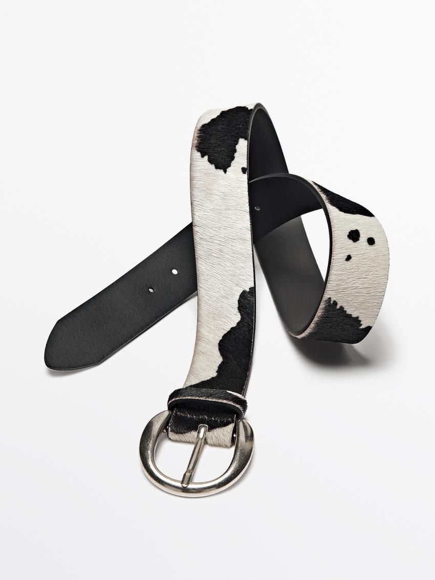 Massimo Dutti Animal Print Hair On Leather Women Belt White / Black | US-KU9468105