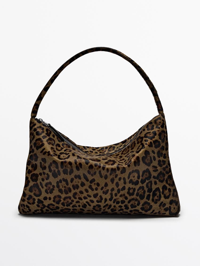 Massimo Dutti Animal Print Leather Women Shoulder Bag Leopard | US-LN4520386