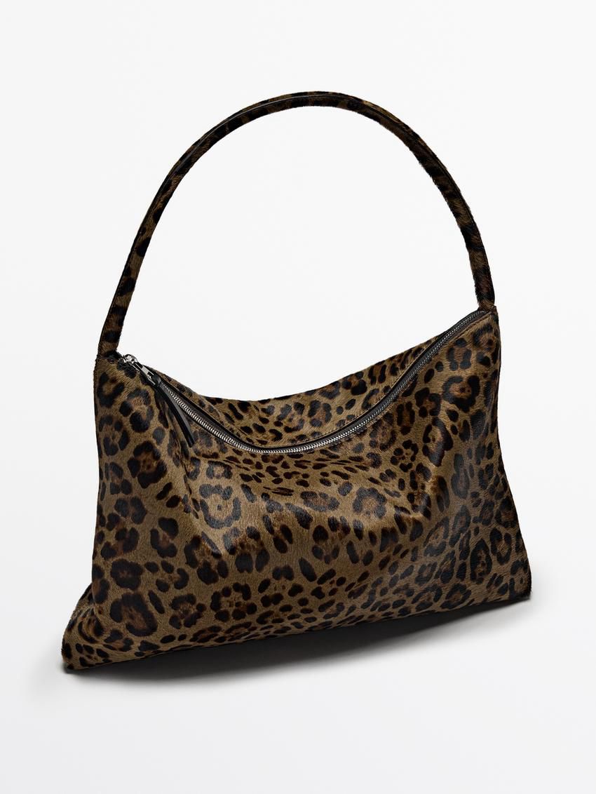 Massimo Dutti Animal Print Leather Women Shoulder Bag Leopard | US-LN4520386