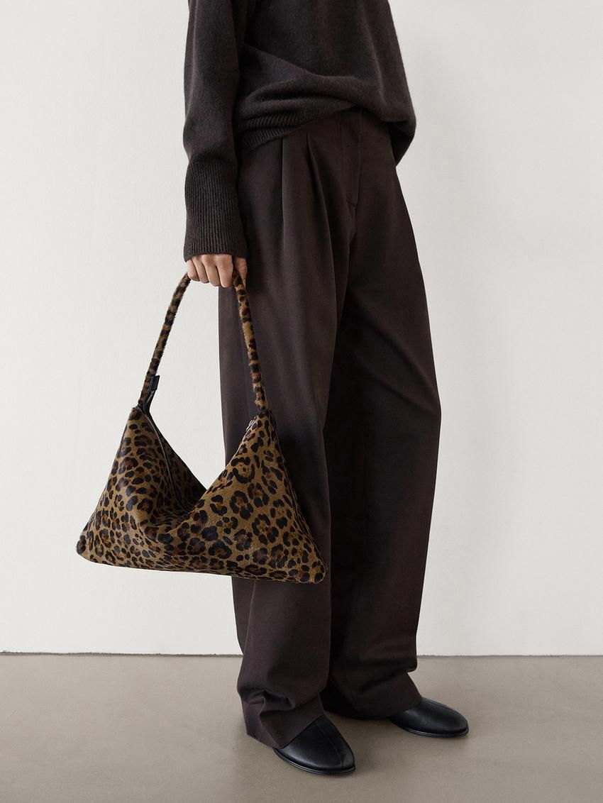 Massimo Dutti Animal Print Leather Women Shoulder Bag Leopard | US-LN4520386