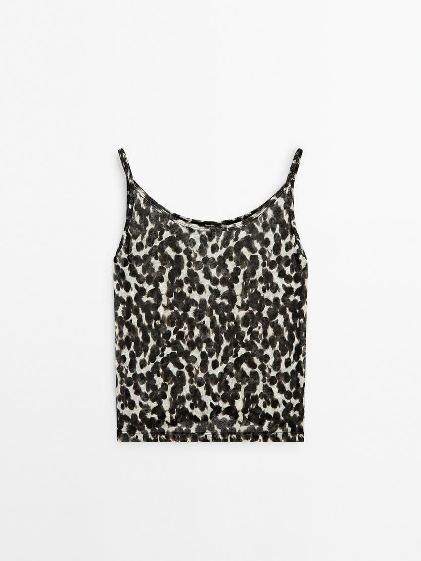 Massimo Dutti Animal Print Linen Strappy Women Top Leopard | US-VA6974823