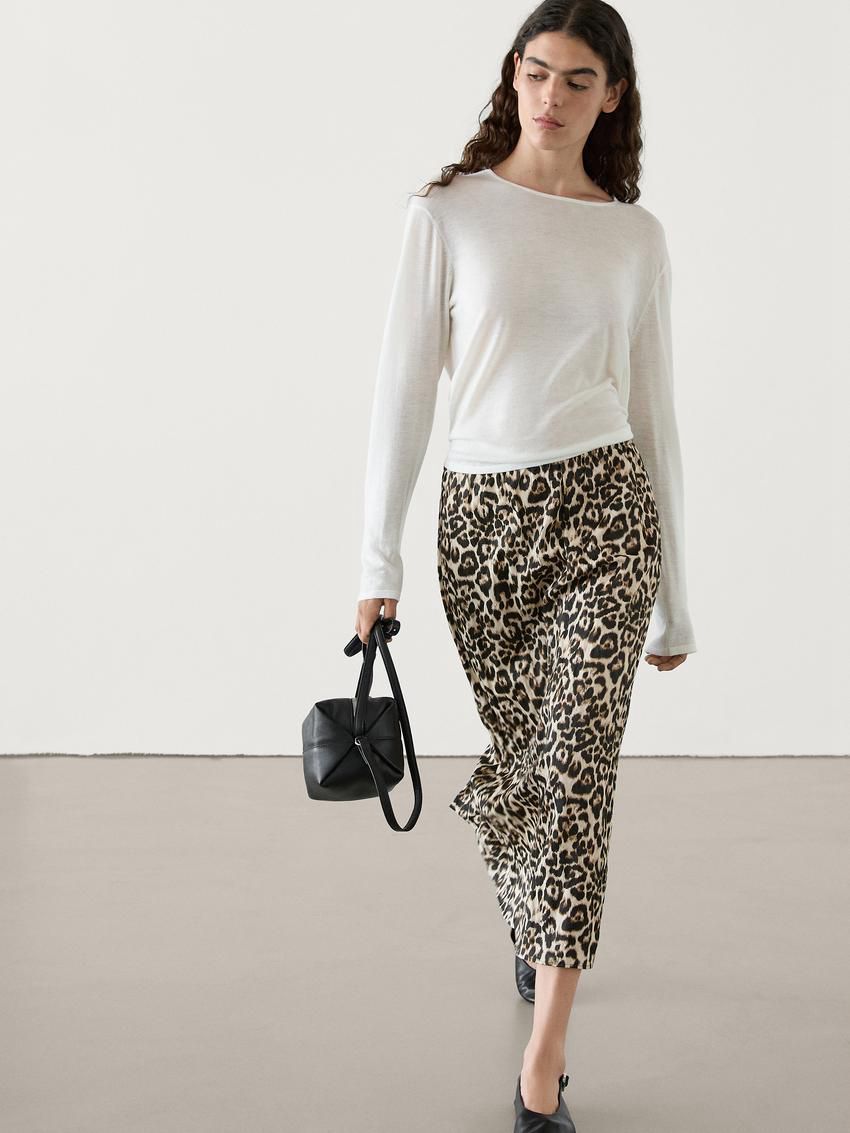 Massimo Dutti Animal Print Midi With Sli Women Skirts Leopard | US-EH3750164