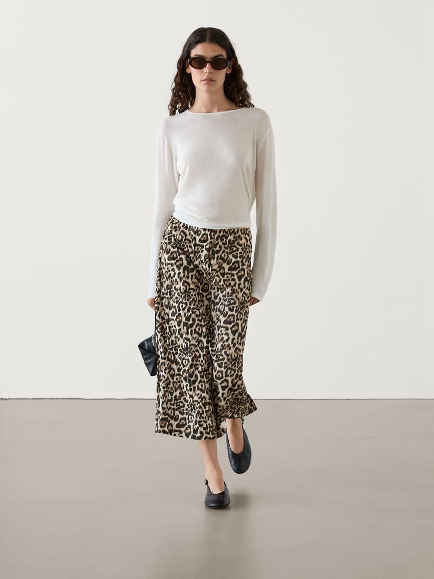 Massimo Dutti Animal Print Midi With Sli Women Skirts Leopard | US-EH3750164