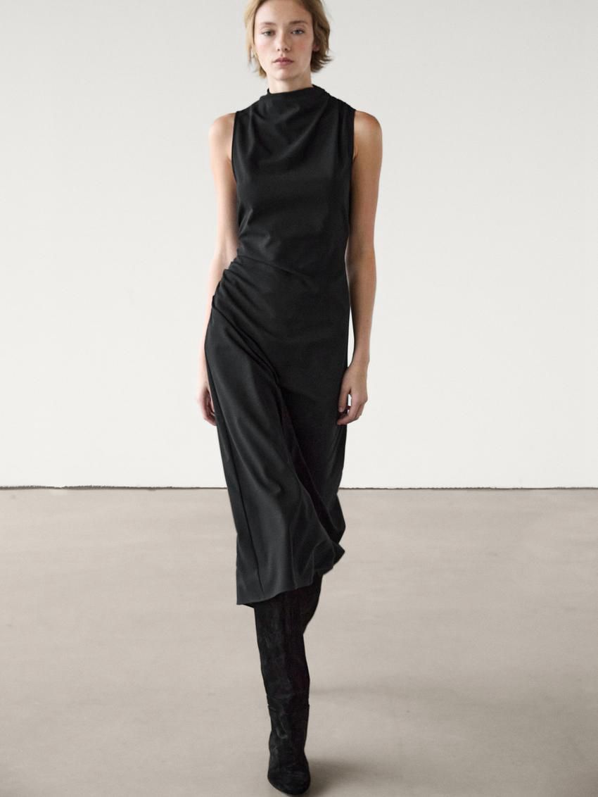 Massimo Dutti Asymmetric Draped Women Dress Black | US-EM7219456