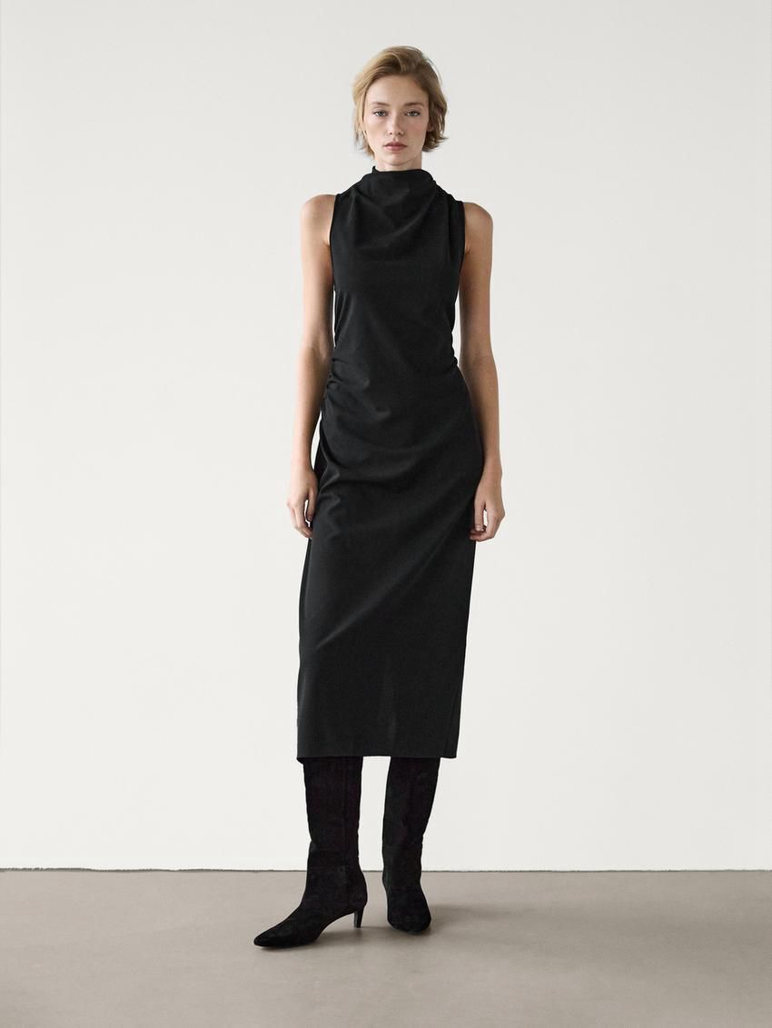 Massimo Dutti Asymmetric Draped Women Dress Black | US-EM7219456