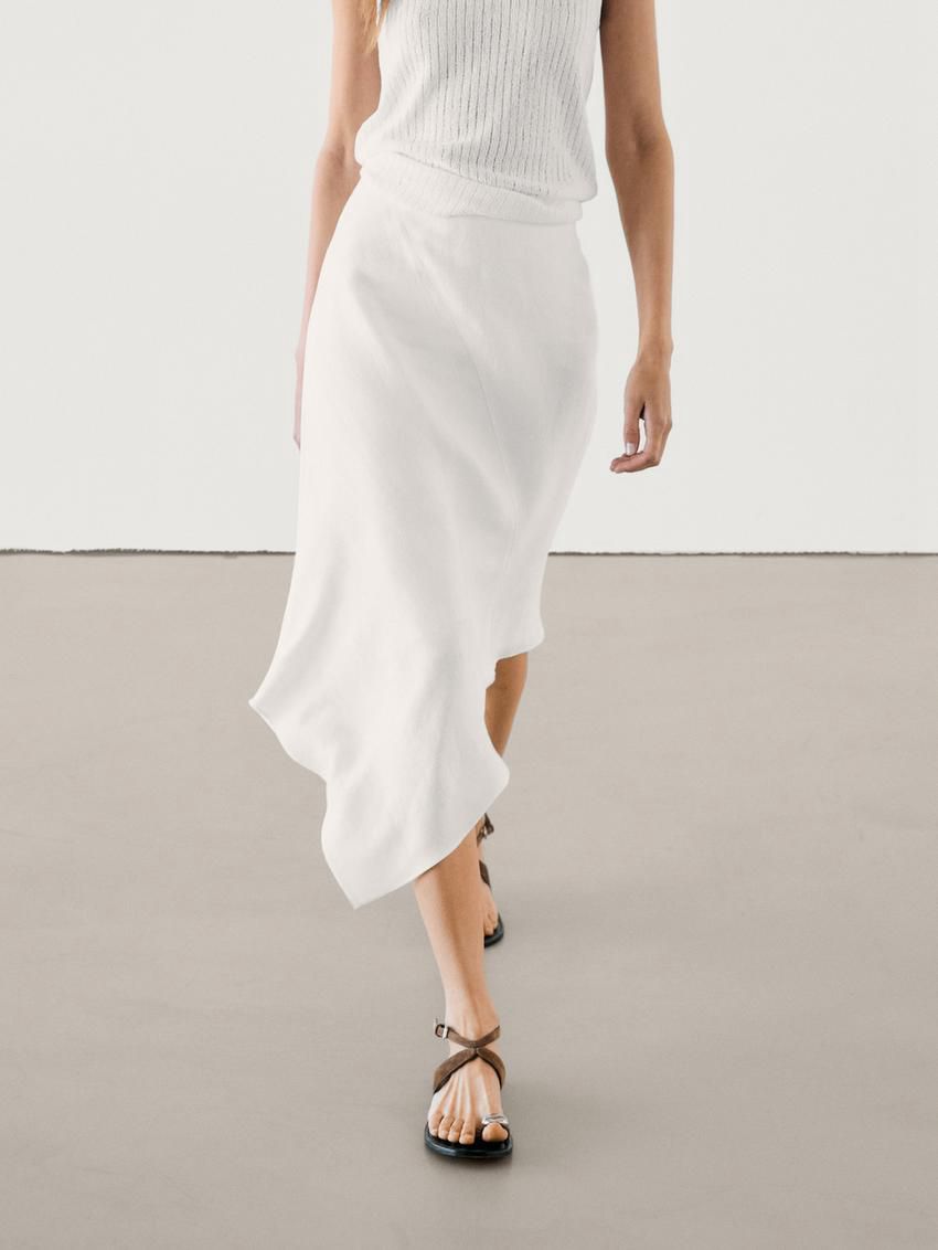 Massimo Dutti Asymmetric Flounce Midi Women Skirts White | US-XZ6127389