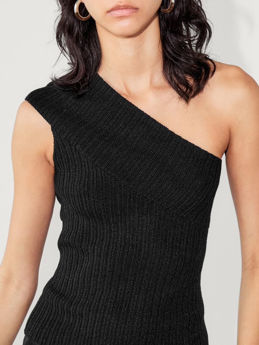 Massimo Dutti Asymmetric Ribbed Knit Women Top Black | US-YM7481965