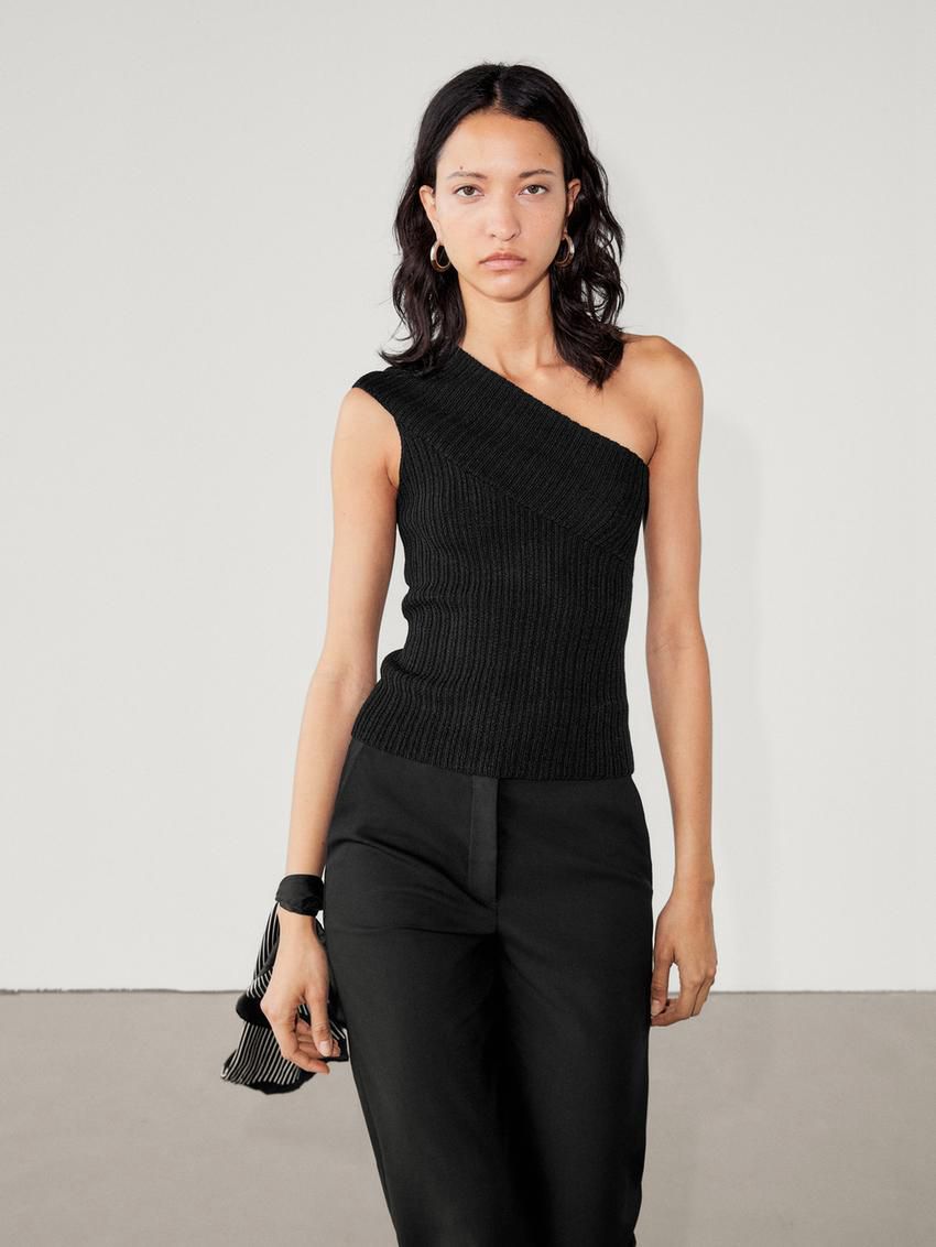 Massimo Dutti Asymmetric Ribbed Knit Women Top Black | US-YM7481965