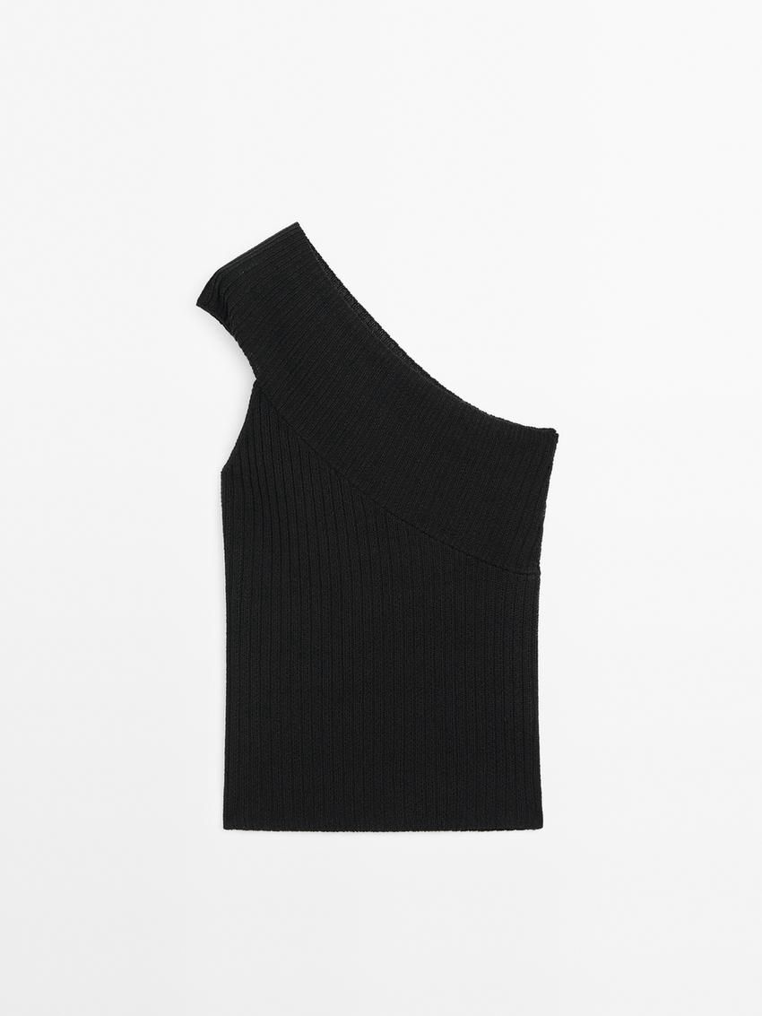 Massimo Dutti Asymmetric Ribbed Knit Women Top Black | US-YM7481965